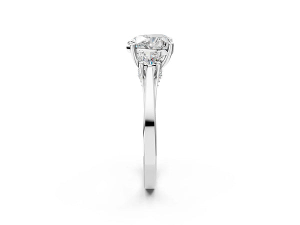 Silver Heart Cut Diamond Three-Stone Engagement Ring with Prong Setting and Pavé Band