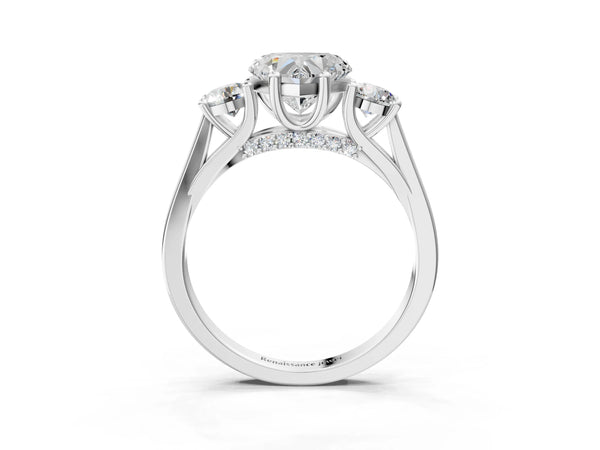 Silver Heart Cut Diamond Three-Stone Engagement Ring with Prong Setting and Pavé Band