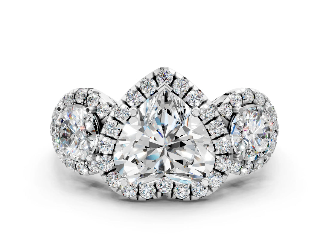 Silver Heart Cut Diamond Three-Stone Halo Ring with Prong Setting and Pavé Accents_13