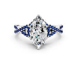 Silver Heart Cut Diamond with Blue Sapphire side stone Halo Twist Band Solitaire Prong Setting Ring