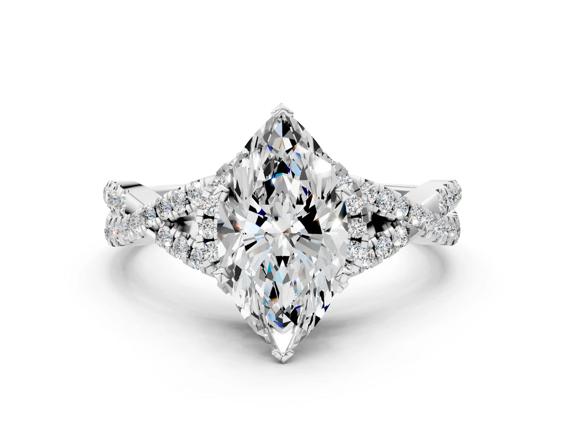 Silver Heart Cut Diamond with Moissanite side stone Halo Twist Band Solitaire Prong Setting Ring