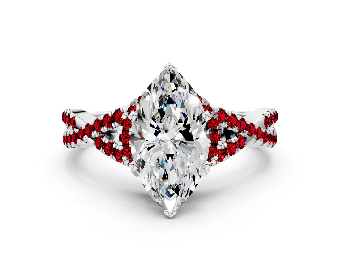 Silver Heart Cut Diamond with Ruby side stone Halo Twist Band Solitaire Prong Setting Ring