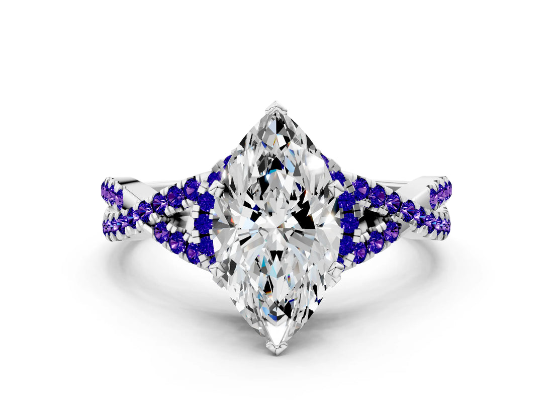 Silver Heart Cut Diamond with Tanzanite side stone Halo Twist Band Solitaire Prong Setting Ring