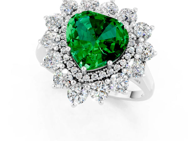 Sterling Silver Heart-Shaped Lab-Grown Emerald Floral Double Halo Engagement Ring with Plain Band