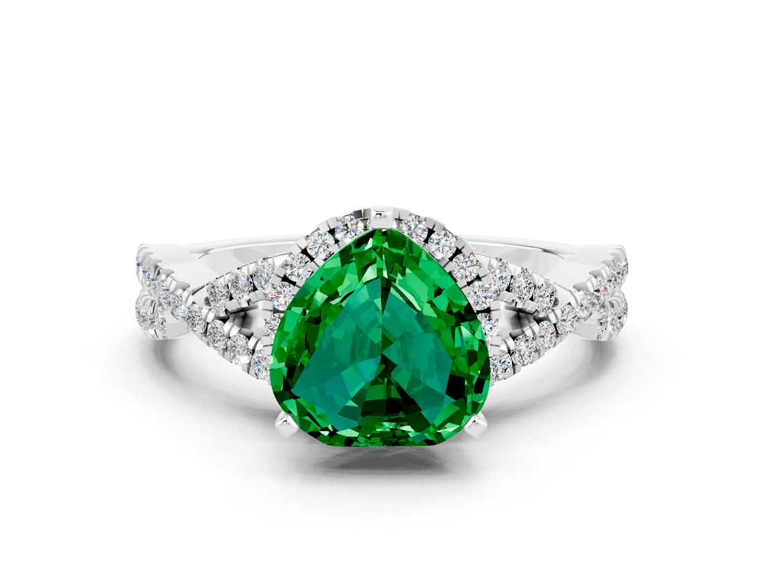 Silver Heart Cut Emerald  Halo Twist Band Solitaire Prong Setting Ring_12