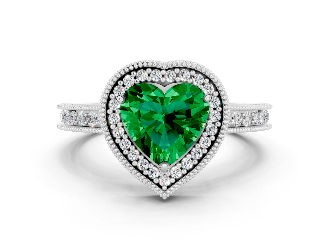 Silver Heart Cut Emerald Milgrain Halo Engagement Ring with Round Pavé Band and Prong Setting_12