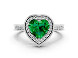Silver Heart Cut Emerald Milgrain Halo Engagement Ring with Round Pavé Band and Prong Setting_12