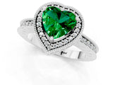 Silver Heart Cut Emerald Milgrain Halo Engagement Ring with Round Pavé Band and Prong Setting_13