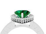Silver Heart Cut Emerald Milgrain Halo Engagement Ring with Round Pavé Band and Prong Setting_16