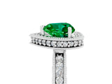 Silver Heart Cut Emerald Milgrain Halo Engagement Ring with Round Pavé Band and Prong Setting_17