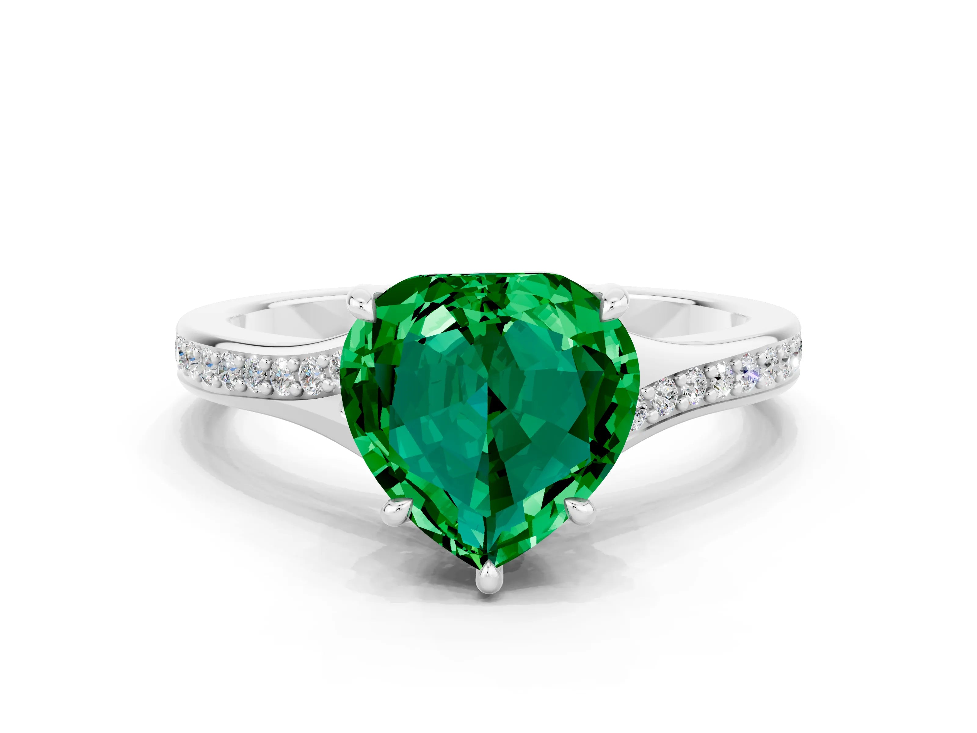 Silver Heart Cut Emerald Solitaire Ring with Pavé Band and Prong Setting_12