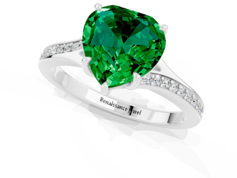 Silver Heart Cut Emerald Solitaire Ring with Pavé Band and Prong Setting_13