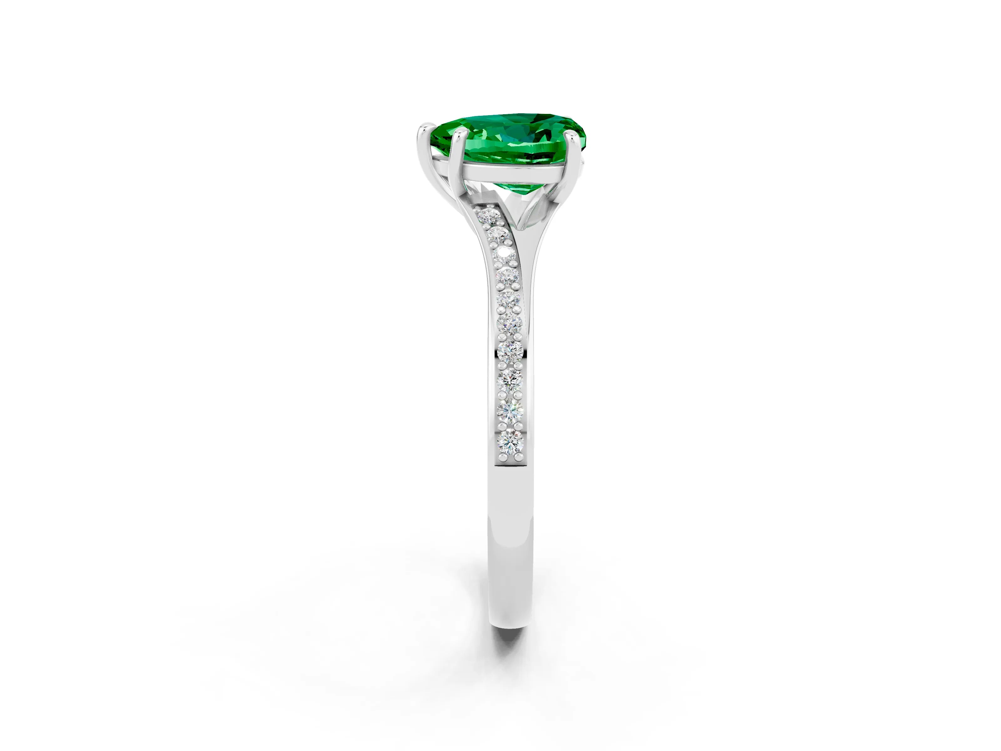 Silver Heart Cut Emerald Solitaire Ring with Pavé Band and Prong Setting_14