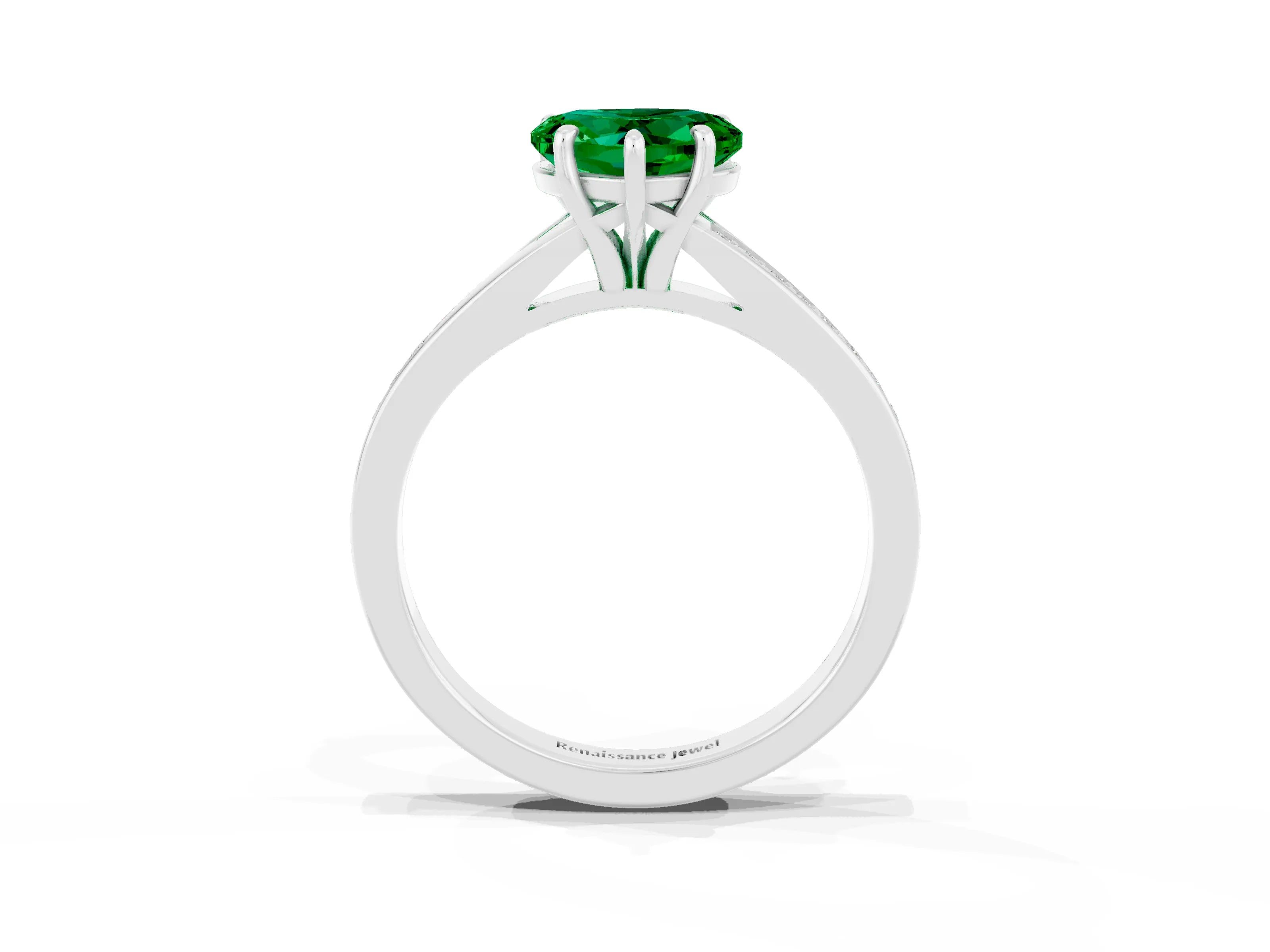 Silver Heart Cut Emerald Solitaire Ring with Pavé Band and Prong Setting_15