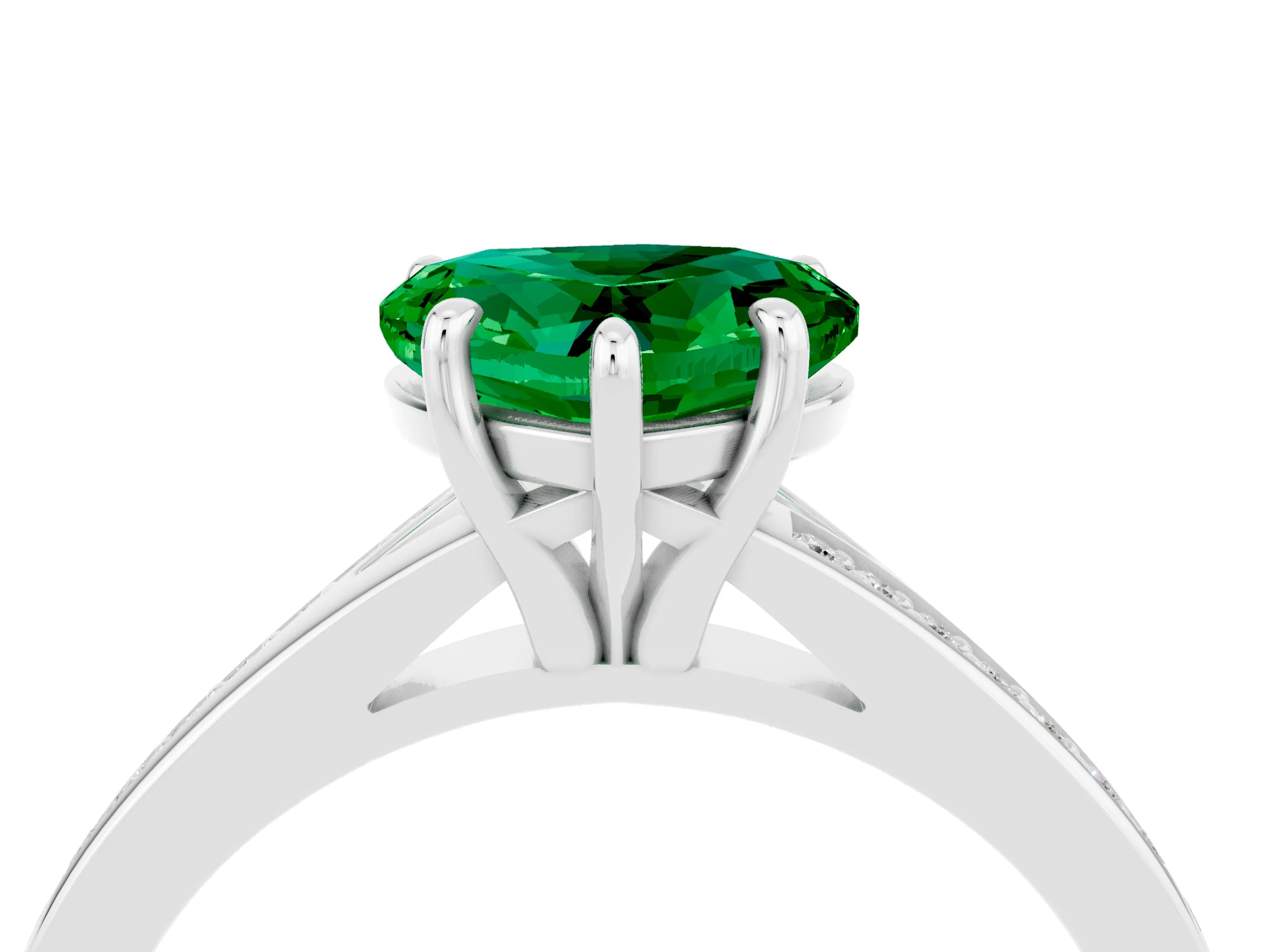 Silver Heart Cut Emerald Solitaire Ring with Pavé Band and Prong Setting_16