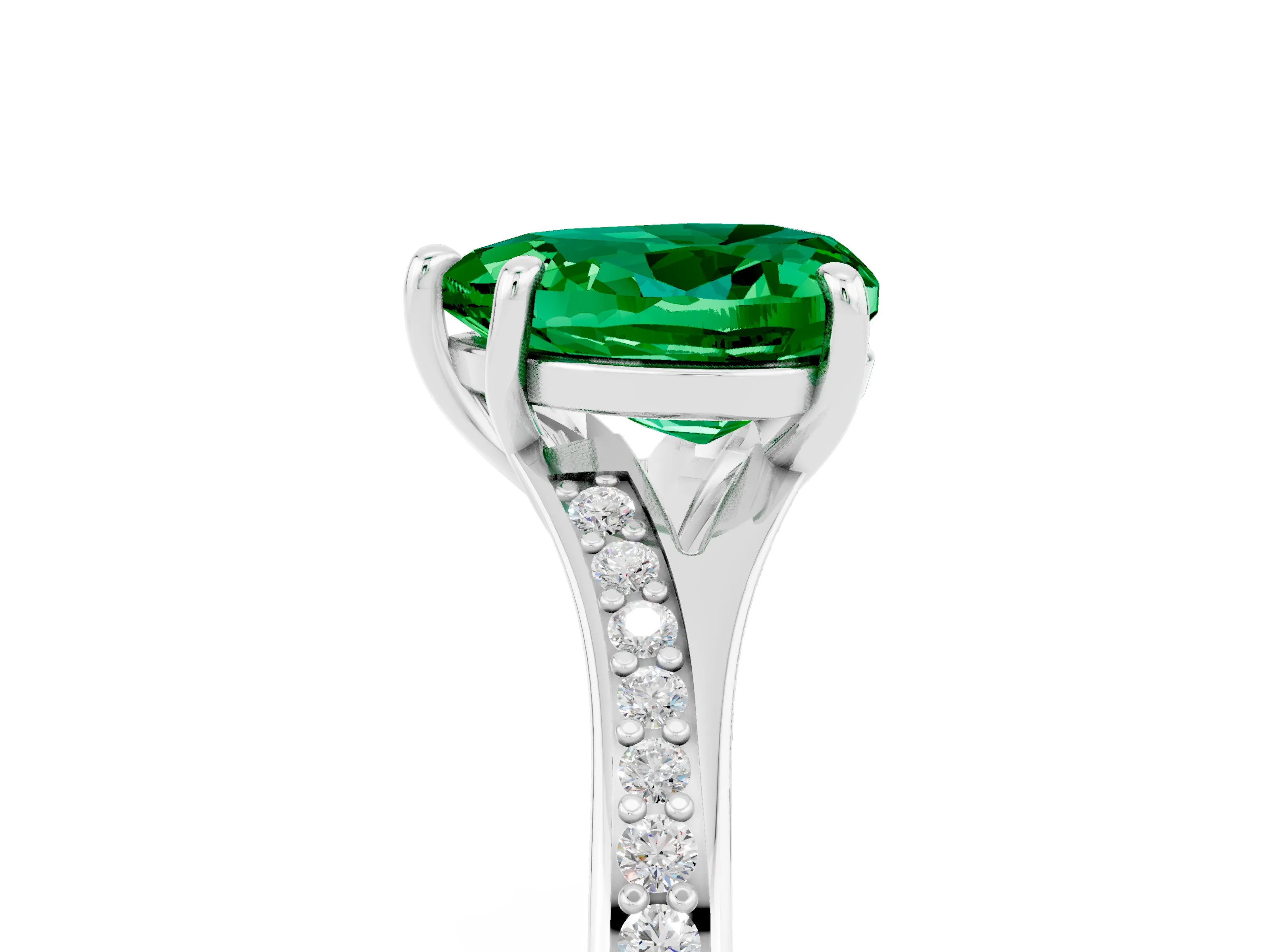 Silver Heart Cut Emerald Solitaire Ring with Pavé Band and Prong Setting_17
