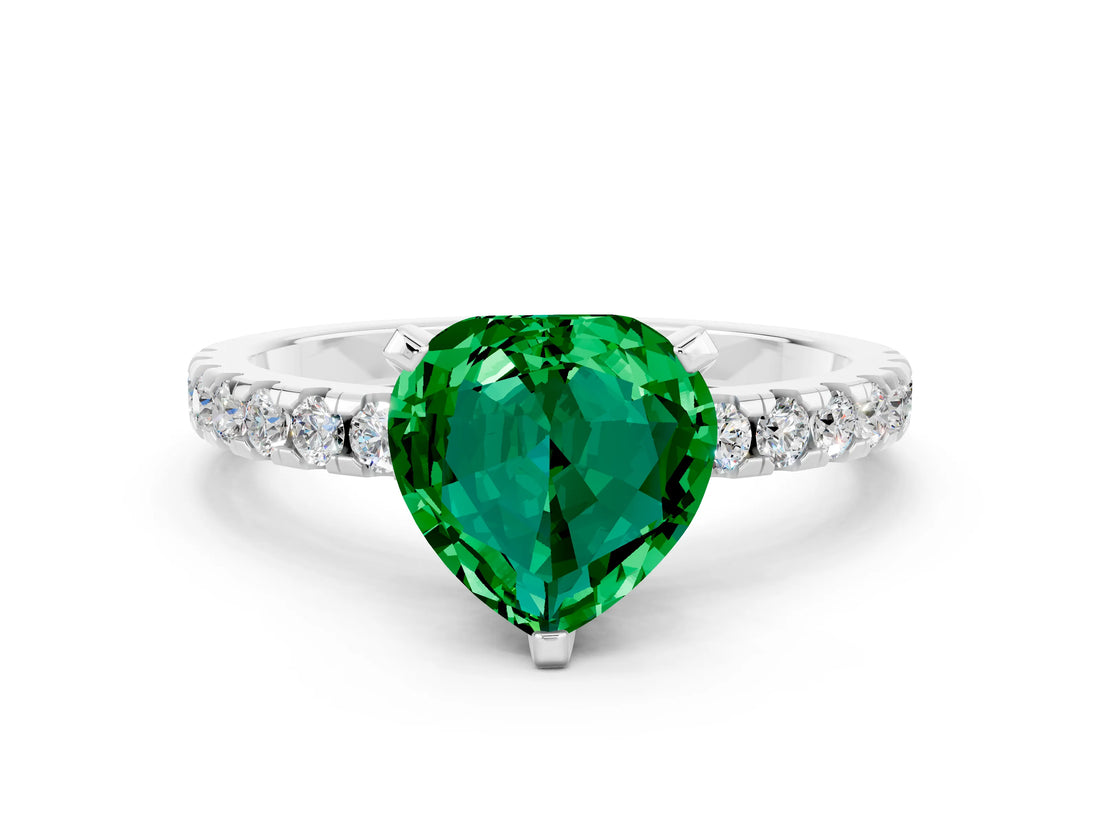 Silver Heart Cut Emerald Solitaire Ring with Round  Pavé Band and Four-Prong Setting_24