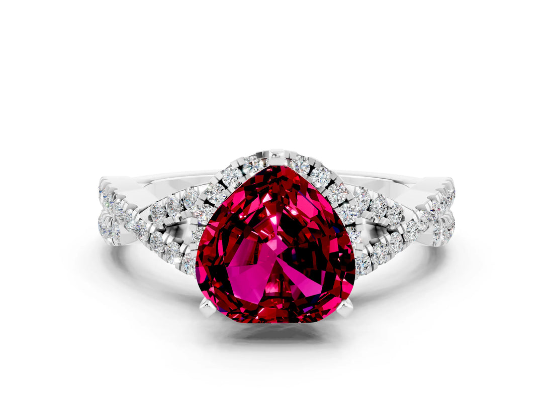 Silver Heart Cut Garnet  Halo Twist Band Solitaire Prong Setting Ring_12