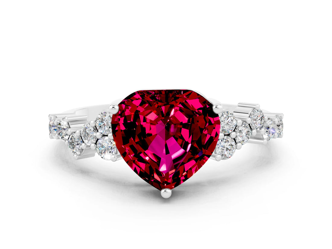 Silver Heart Cut Garnet Scattered Round Accent Ring with Prong Setting_36