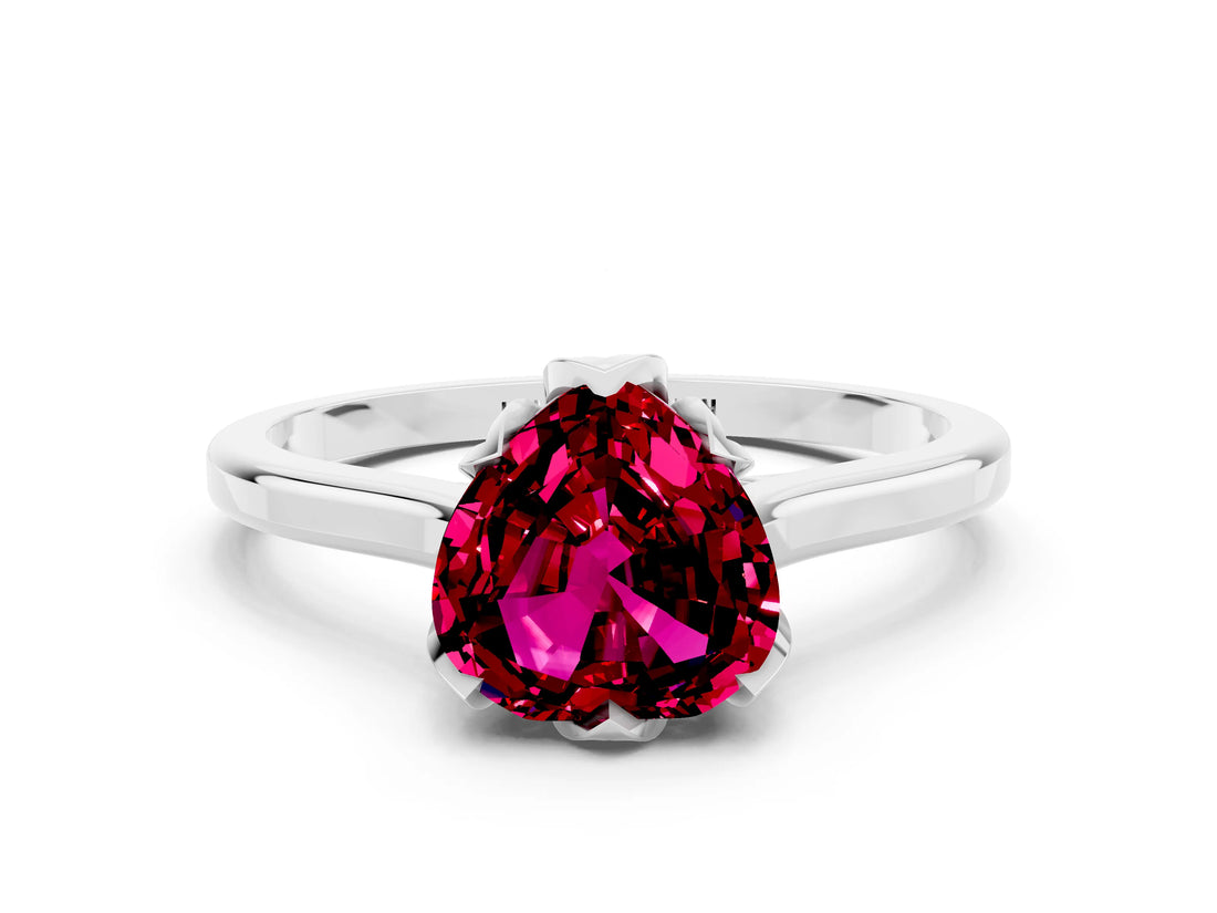 Silver Heart Cut Garnet Solitaire Ring with Flower Prong Setting and Classic Band_18