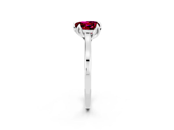 Silver Heart Cut Garnet Solitaire Ring with Flower Prong Setting and Classic Band