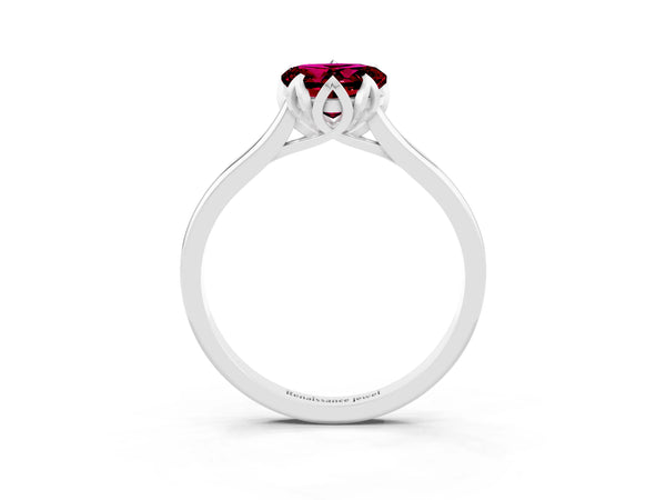 Silver Heart Cut Garnet Solitaire Ring with Flower Prong Setting and Classic Band