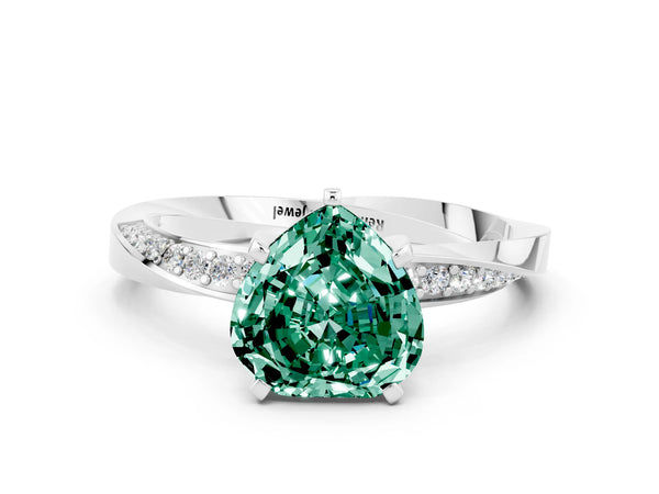 Silver Heart Cut Green Sapphire Engagement Ring with Side Stone Accents and Four-Prong Setting