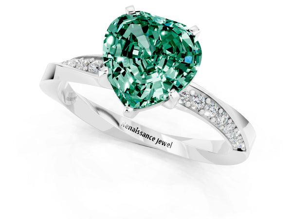 Silver Heart Cut Green Sapphire Engagement Ring with Side Stone Accents and Four-Prong Setting