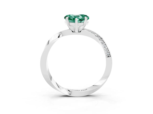 Silver Heart Cut Green Sapphire Engagement Ring with Side Stone Accents and Four-Prong Setting