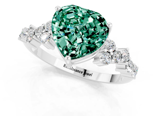 Silver Heart Cut Green Sapphire Scattered Round Accent Ring with Prong Setting