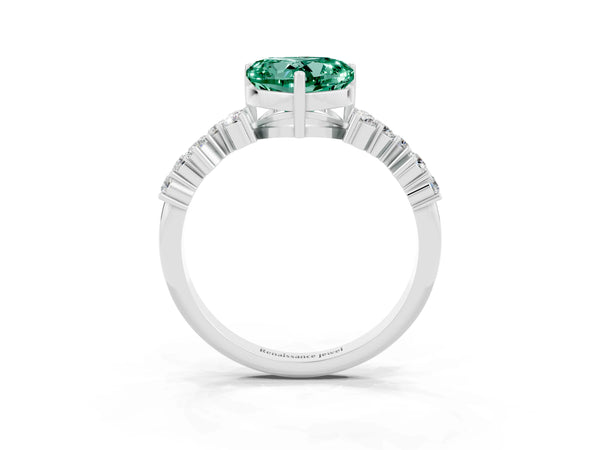 Silver Heart Cut Green Sapphire Scattered Round Accent Ring with Prong Setting
