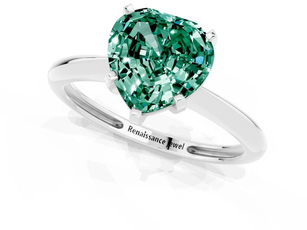 Silver Heart Cut Green Sapphire Solitaire Engagement Ring with Classic Band and Four-Prong Setting