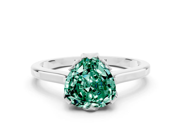 Silver Heart Cut Green Sapphire Solitaire Ring with Flower Prong Setting and Classic Band
