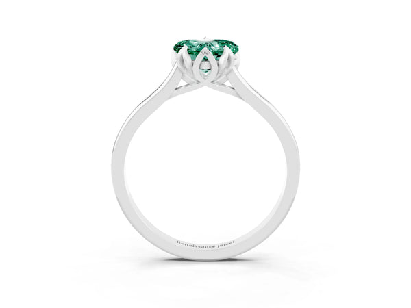 Silver Heart Cut Green Sapphire Solitaire Ring with Flower Prong Setting and Classic Band