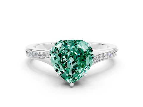 Silver Heart Cut Green Sapphire Solitaire Ring with Pavé Band and Prong Setting_12