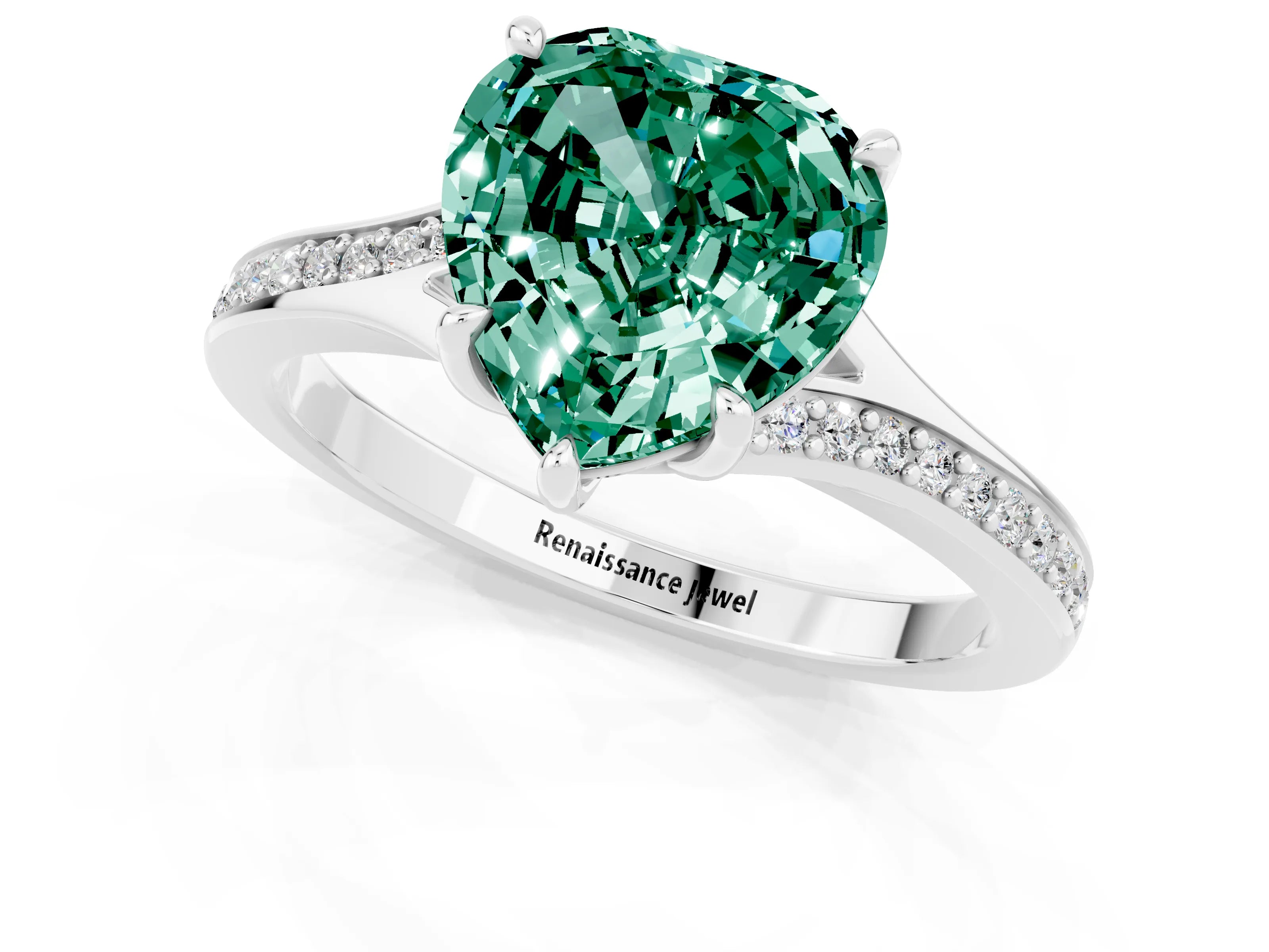 Silver Heart Cut Green Sapphire Solitaire Ring with Pavé Band and Prong Setting_13