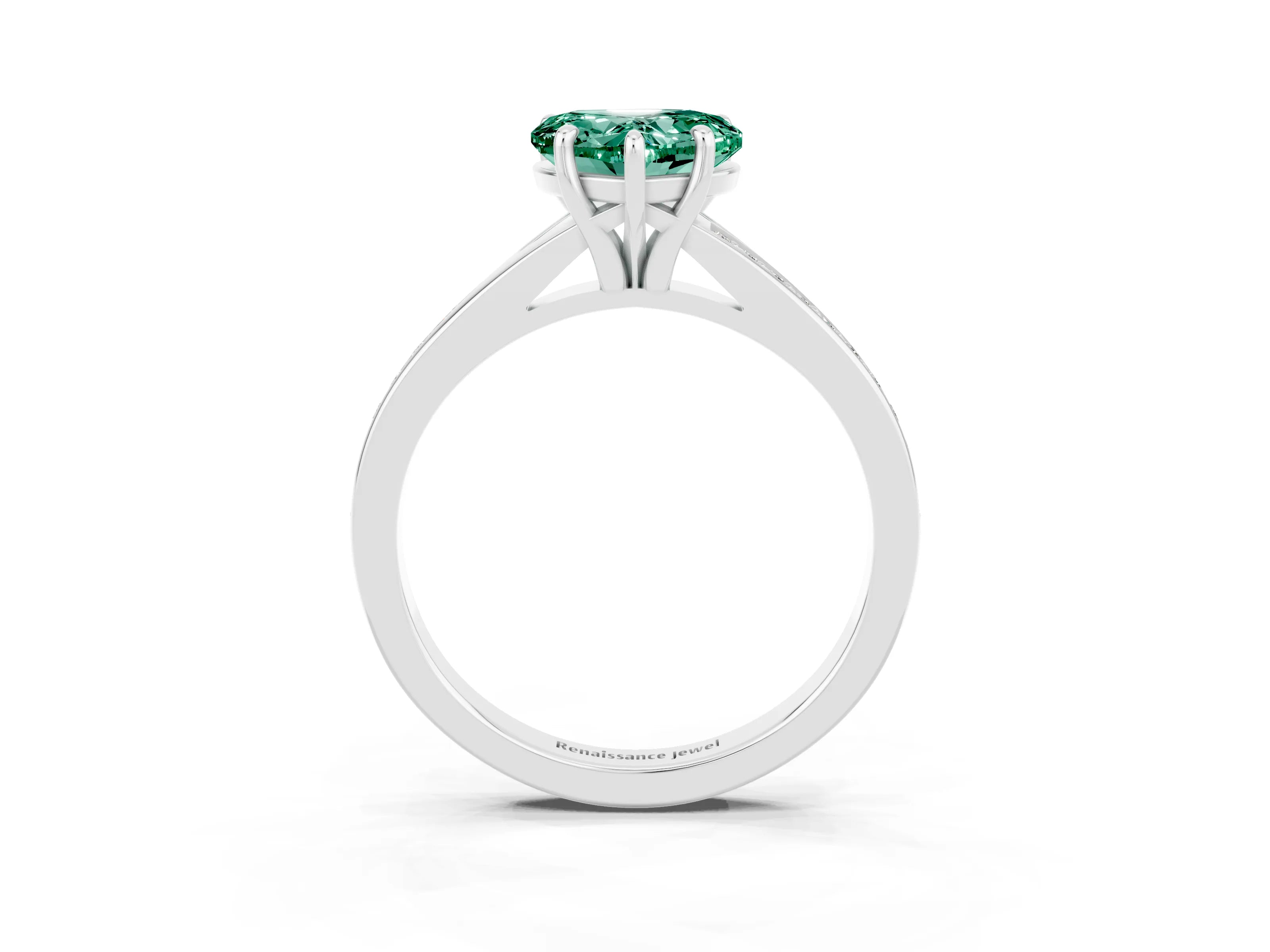 Silver Heart Cut Green Sapphire Solitaire Ring with Pavé Band and Prong Setting_15