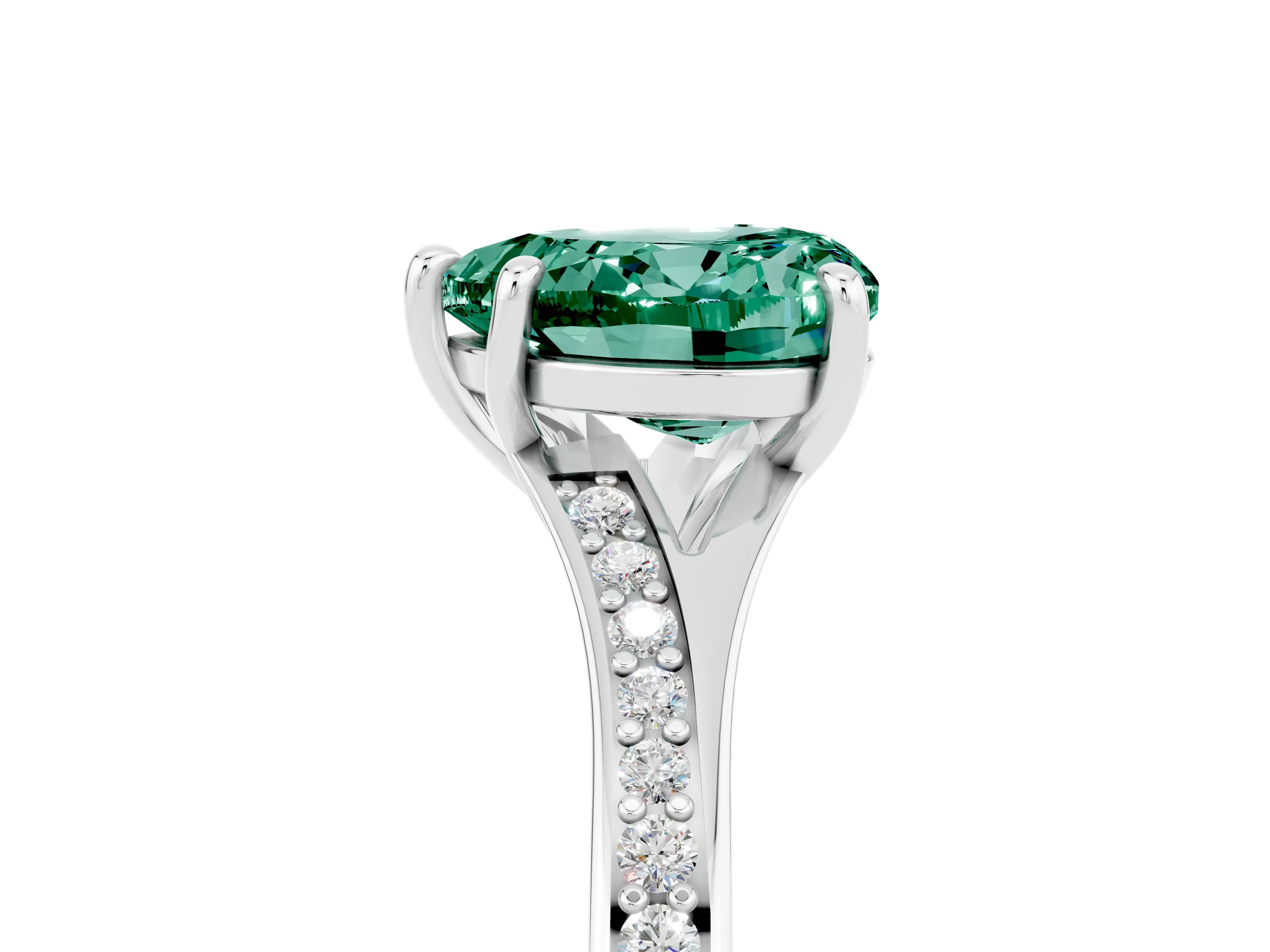 Silver Heart Cut Green Sapphire Solitaire Ring with Pavé Band and Prong Setting_17