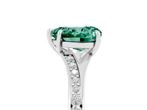 Silver Heart Cut Green Sapphire Solitaire Ring with Pavé Band and Prong Setting_17