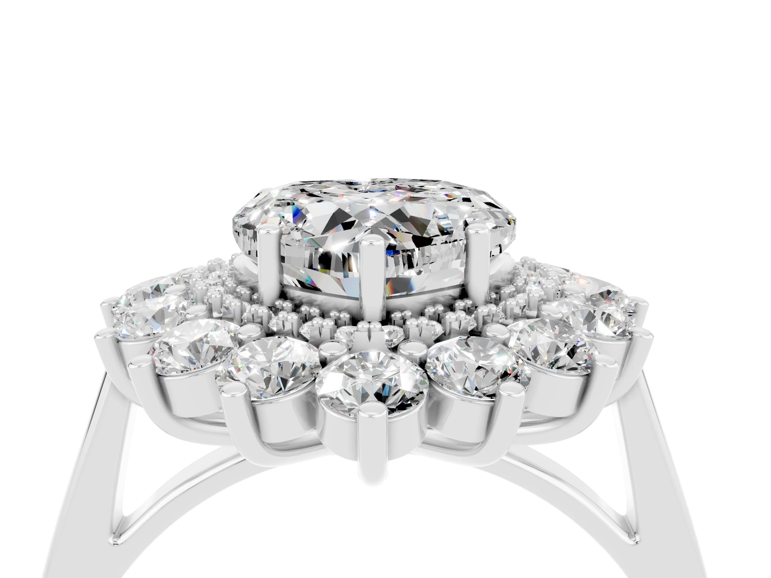 Silver Heart Cut Halo Cluster Diamond Ring with Pave Band and Four-Prong Setting_10
