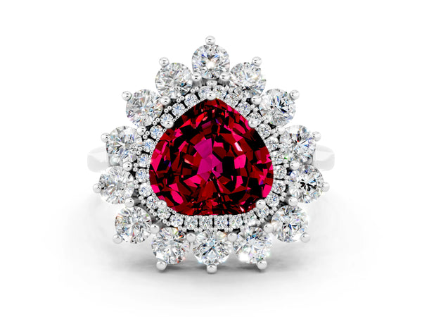 Silver Heart Cut Garnet Floral Double Halo Engagement Ring with Prong Setting