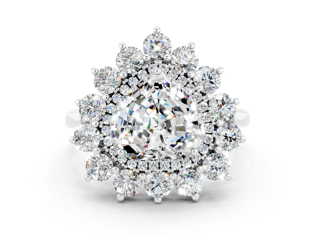 Silver Heart Cut Halo Cluster Diamond Ring with Pave Band and Four-Prong Setting_6
