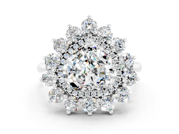 Silver Heart Cut Moissanite Floral Double Halo Engagement Ring with Prong Setting
