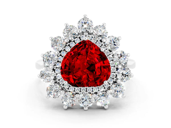 Silver Heart Cut Ruby Floral Double Halo Engagement Ring with Prong Setting