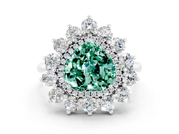 Silver Heart Cut Green Sapphire Floral Double Halo Engagement Ring with Prong Setting