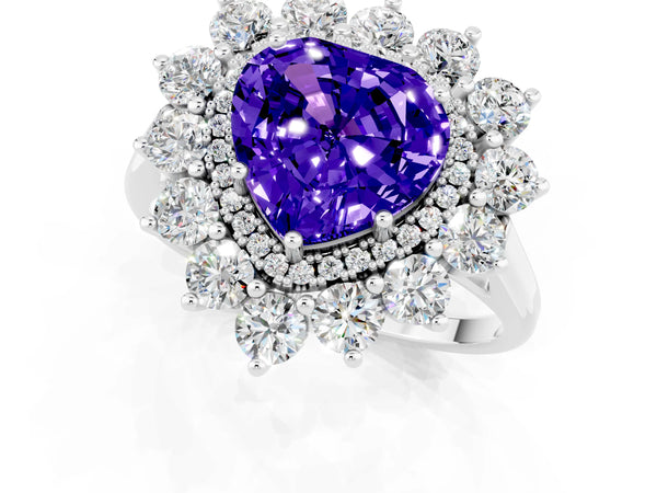 Silver Heart Cut Tanzanite Floral Double Halo Engagement Ring with Prong Setting