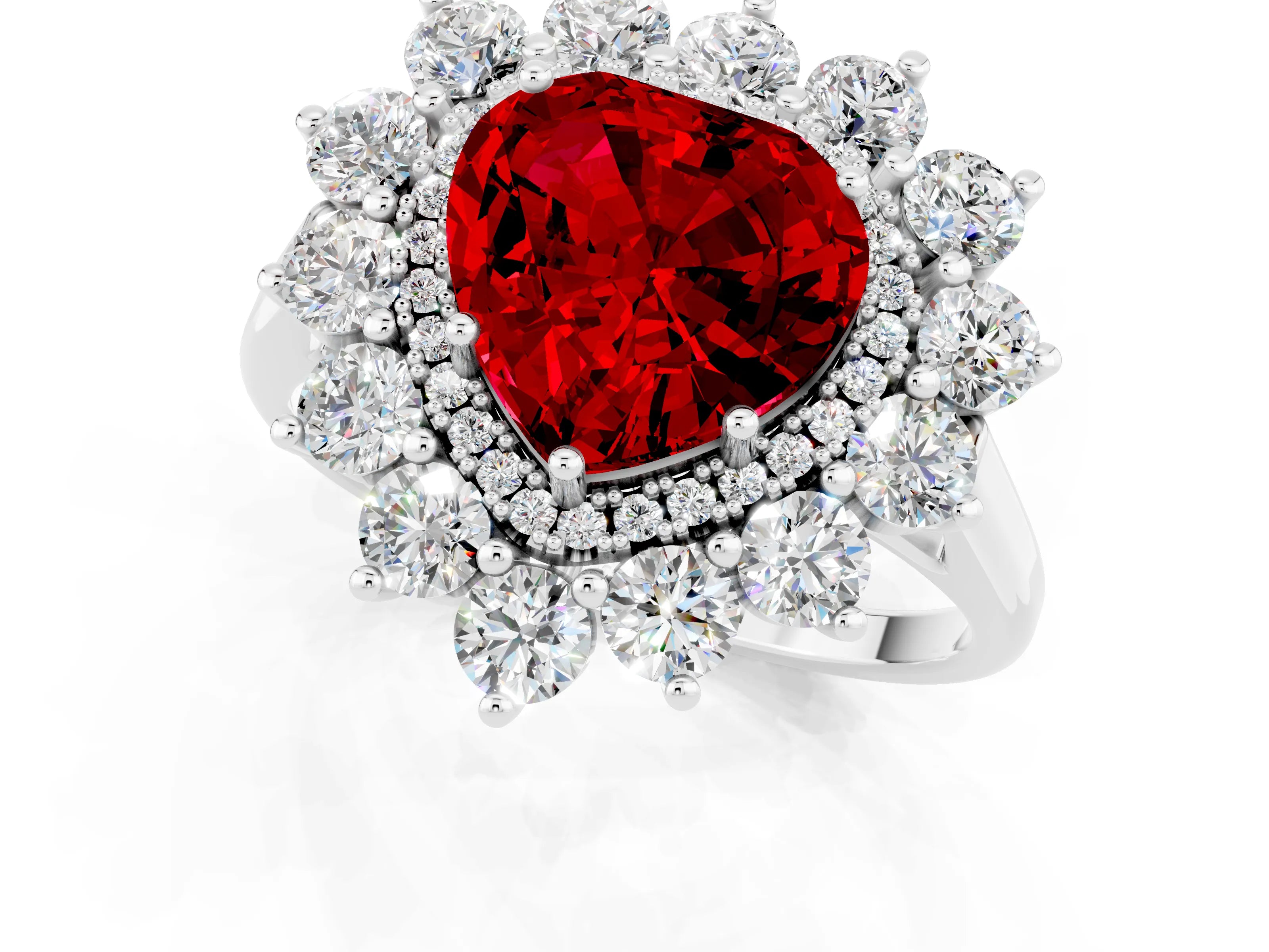 Silver Heart Cut Halo Cluster Diamond Ring with Pave Band and Four-Prong Setting_7