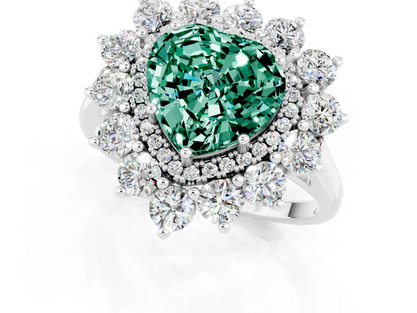 Silver Heart Cut Green Sapphire Floral Double Halo Engagement Ring with Prong Setting