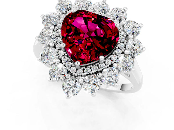 Silver Heart Cut Garnet Floral Double Halo Engagement Ring with Prong Setting