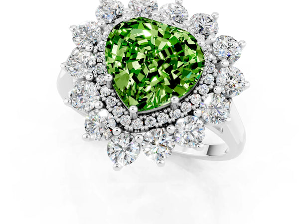 Silver Heart Cut Peridot Floral Double Halo Engagement Ring with Prong Setting
